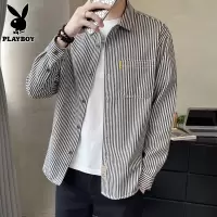 花花公子长袖衬衫男士纯棉条纹上衣服2025年秋季休闲外套衬衣男款