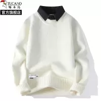 啄木鸟2024秋冬季新款衬衫领假两件毛衣男士加绒针织打底衫线衣服