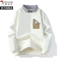 啄木鸟春秋冬季新款衬衫领假两件长袖套头厚棉T男士加绒大尺码打底衫