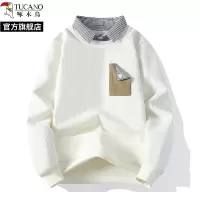 啄木鸟春秋冬季新款衬衫领假两件长袖套头厚棉T男士加绒大尺码打底衫