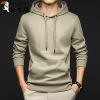 啄木鸟春秋季男士100%纯棉连帽卫衣口袋带帽套头外套纯色上衣服男