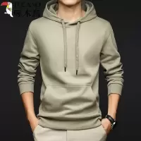 啄木鸟春秋季男士100%纯棉连帽卫衣口袋带帽套头外套纯色上衣服男