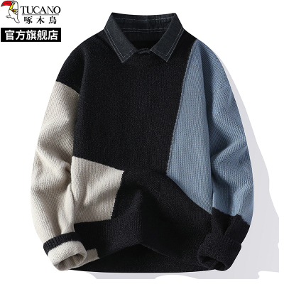 啄木鸟2025秋冬季新款衬衫领假两件毛衣男士加绒针织打底衫卫生衣服
