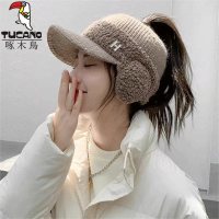 啄木鸟帽子女秋冬毛线帽加厚保暖户外骑车护耳女士空顶棒球帽冬天