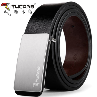 啄木鸟男士皮带真皮牛皮商务纯真皮软腰带板扣平滑扣打孔3.3轻