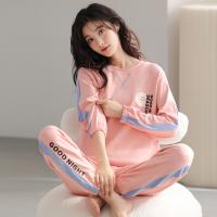 啄木鸟纯棉睡衣女士春秋款长袖韩版套头休闲可外穿全棉家居服套装