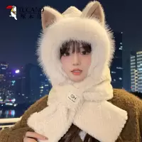 啄木鸟可爱狐狸耳朵毛绒帽子围巾一体冬季护耳保暖帽百搭学生围脖