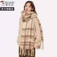 啄木鸟2024冬新款浅驼色格子围巾女生冬季高级感韩版百搭披肩围脖