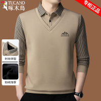 啄木鸟印花假两件男士加厚保暖衬衫领长袖卫衣爸爸装加绒打底衫男