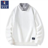 啄木鸟男士厚T恤新款2025款春秋重磅白色衬衫领假两件潮牌打底衫男