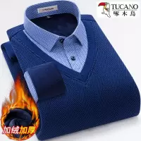 啄木鸟纯棉保暖衬衫男冬季假两件加绒加厚高档中年宽松衬衣爸爸装
