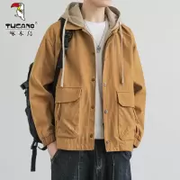 啄木鸟假两件夹克男士春季休闲帅气连帽茄克纯棉重磅工装外套男款