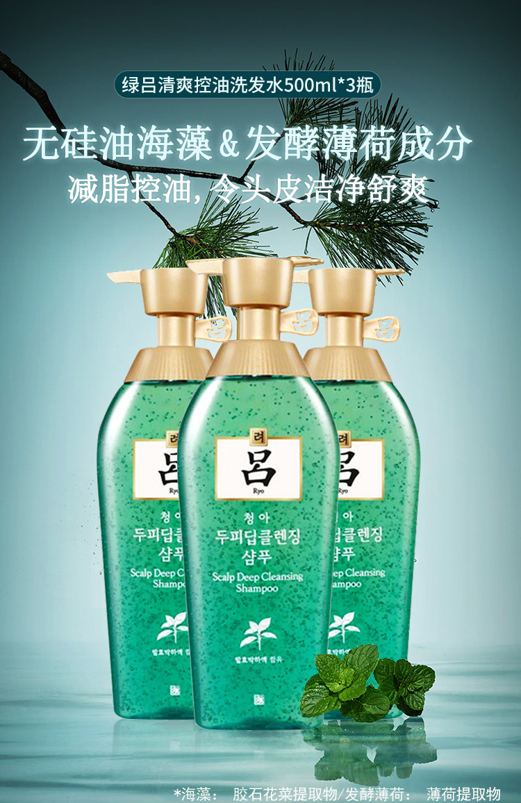 3支装|ryo 吕 绿吕控油去屑洗发水 500ml/瓶*3 韩国进口