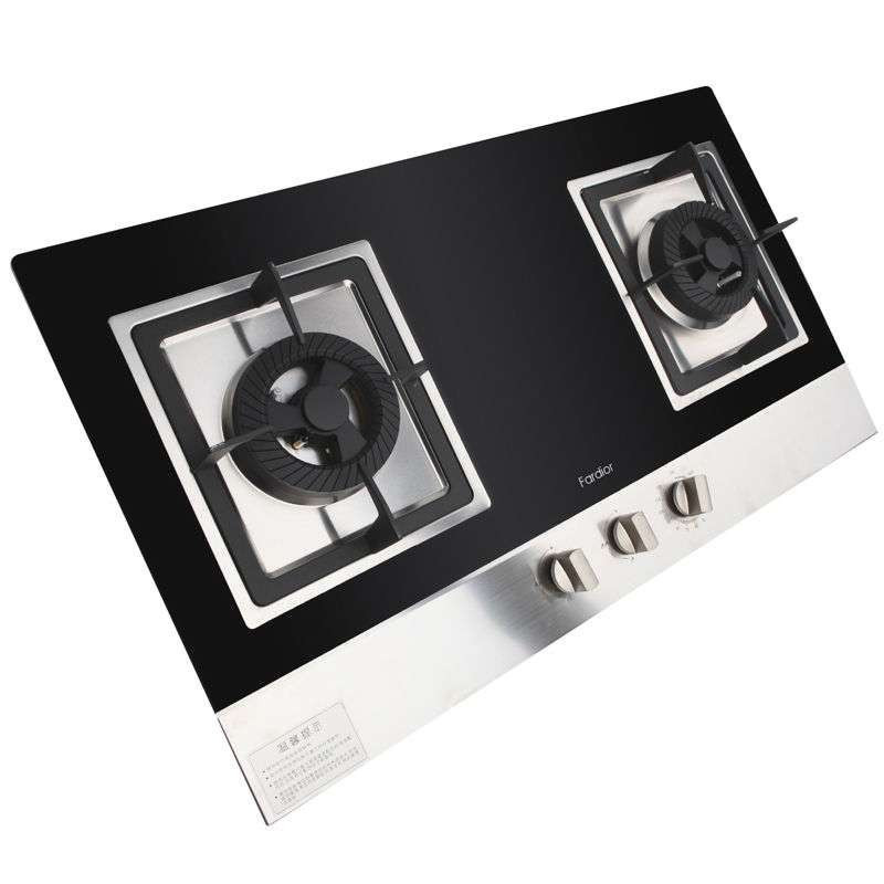 法迪欧燃气灶JZY-2B02台嵌两用双眼灶黑晶钢化玻璃面板纯铜燃烧器内抛旋火零秒点火与120分钟定时熄火保护(液化气)
