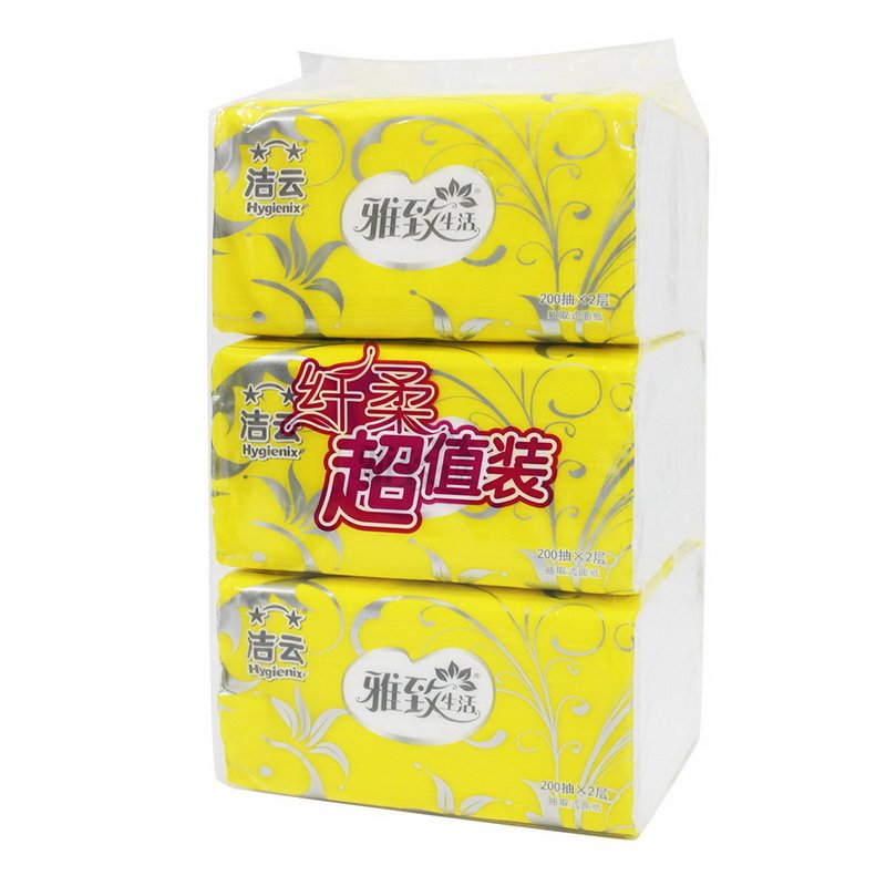 【苏宁易购超市】洁云抽纸雅致生活塑包面纸2层200抽-3包装（小幅）