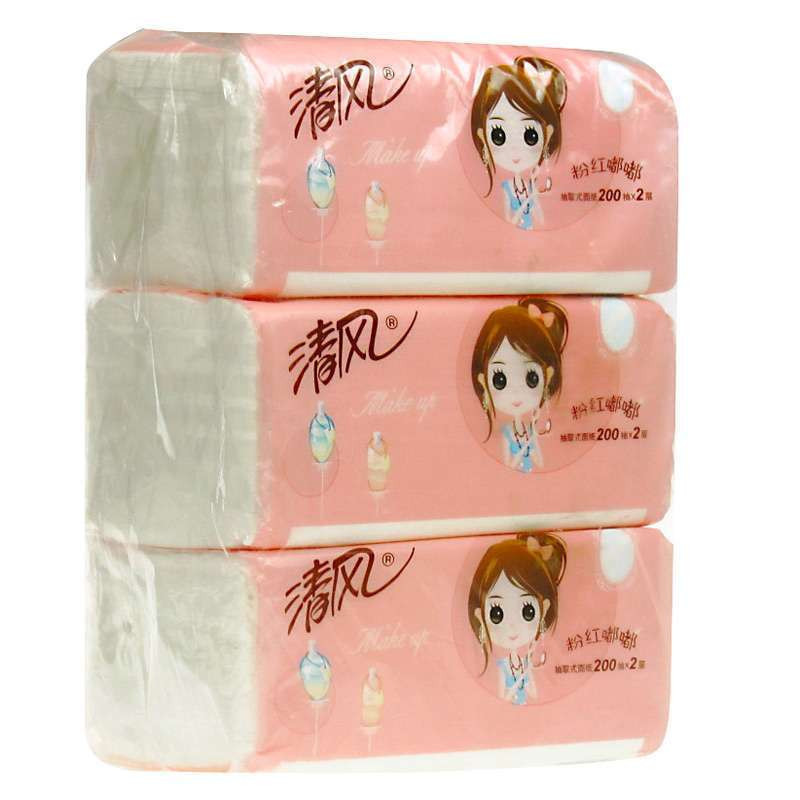 [苏宁易购超市]清风抽纸粉红嘟嘟2层200抽3包小规格抽取式面纸