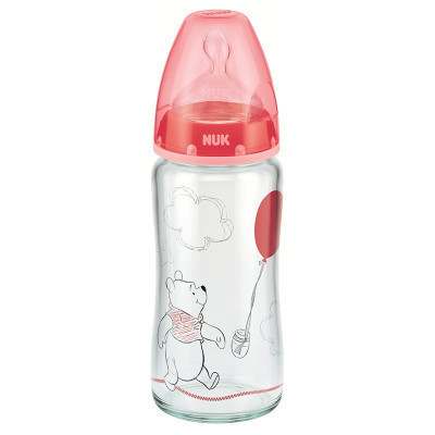 NUK耐高温240ml宽口玻璃彩色迪士尼维尼奶瓶(带初生型硅胶中圆孔奶嘴,适合0-6个月)