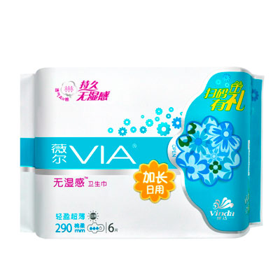 [苏宁超市]维达VIA薇尔 轻盈超薄棉柔加长日用卫生巾290mm6片(新老包装随机发货)