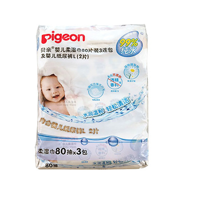 贝亲婴儿(屁屁专用)柔湿巾80片3连包及婴儿纸尿裤L(2片)PL226