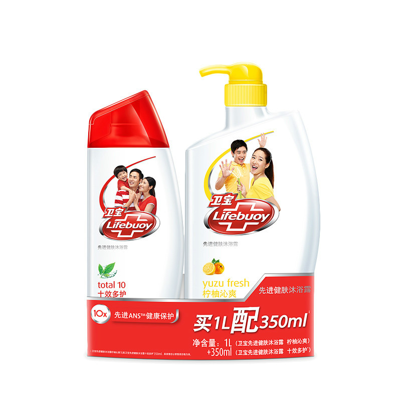 卫宝 (Lifebuoy) 先进健肤沐浴露 柠柚沁爽1L+十效多护350ml [联合利华]