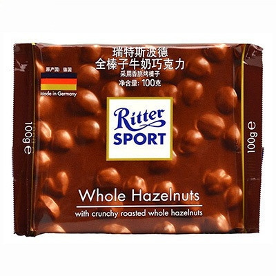 瑞特斯波德RitterSport全榛子牛奶巧克力100g/块德国进口巧克力办公休闲零食婚庆喜糖送女友节日礼物