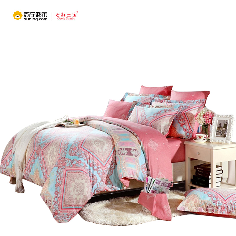 吉祥三宝家纺 全棉斜纹印花四件套床单被套-美妮娜 粉红色