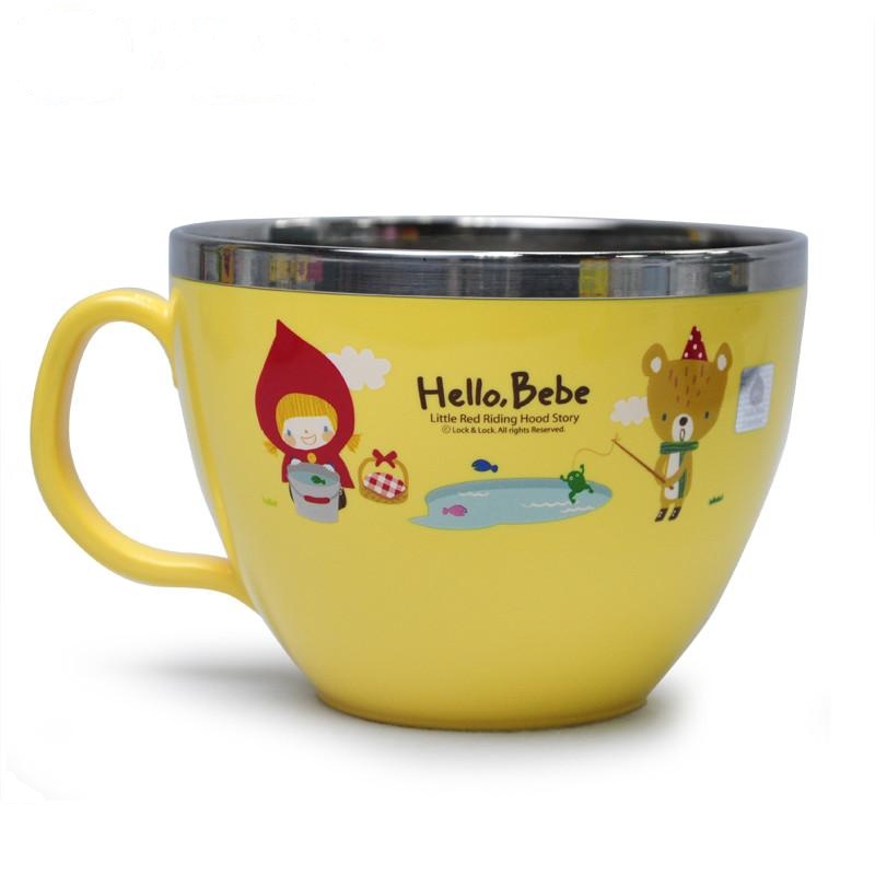 韩国原产 乐扣乐扣Hello Bebe 不锈钢儿童餐具 不锈钢单柄隔热大碗 水杯 不锈钢宝宝碗 LBB476-OKR