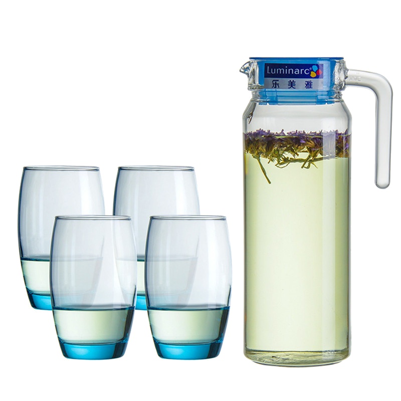 乐美雅(Luminarc)鹿特丹壶凝彩水具(冰蓝)5件套家用玻璃杯壶凉水壶酒具否一次性使用