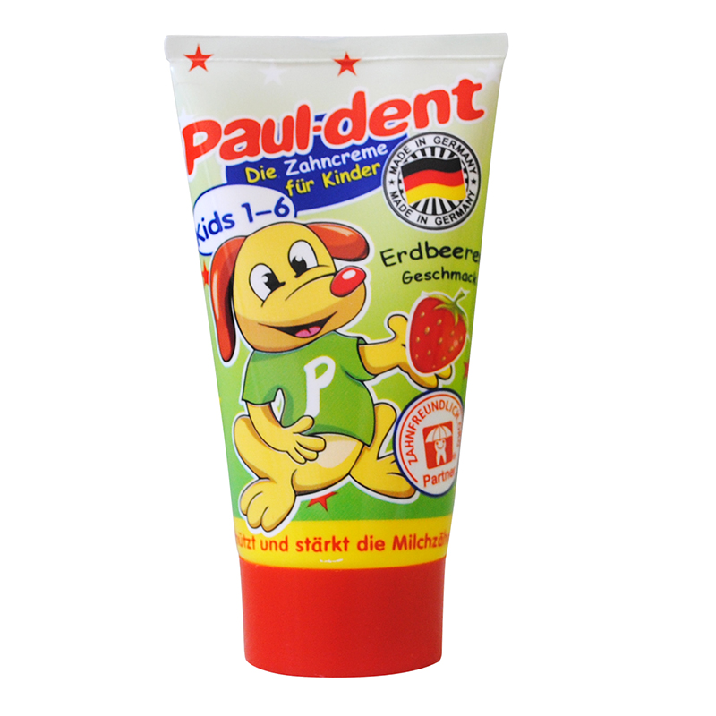 宝儿德paul dent德国进口宝宝儿童可吞食牙膏 草莓味(1-6岁)乳牙牙膏 防蛀 水果味 单支装50g 儿童牙膏
