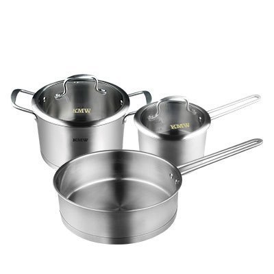 KMW锅具套装爱家精品不锈钢锅具三件套AJZ0005-SN 德国品质加厚锅体 手工绒光不粘 不焦糊 不起烟 容易清洗