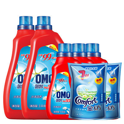 奥妙 (OMO) 净蓝全效水清莲香洗衣液3kg*2+1kg*3+金纺衣物护理剂502ml*2 超值18斤[联合利华]