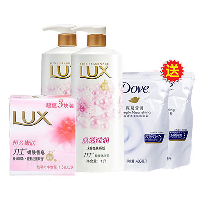 力士(Lux)靓肤沐浴乳晶透滢润1000ml*2+力士恒久嫩肤香皂115g三块装+多芬沐浴乳深层营润400ml*2