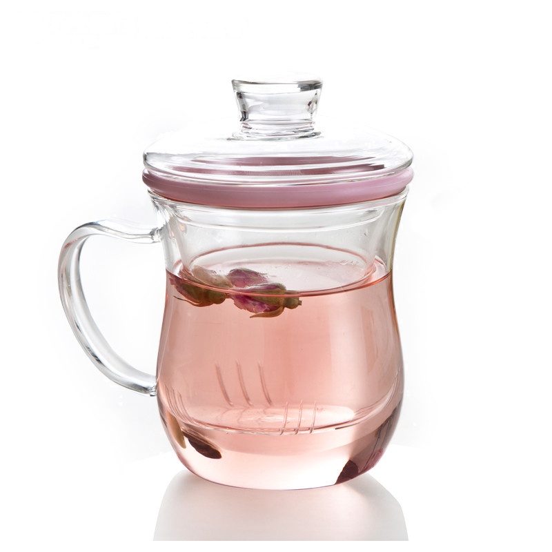 物生物(RELEA)优雅三件杯 花茶杯耐热玻璃杯女创意柠檬花茶杯子带盖过滤透明随手杯夏天水杯301-400ml