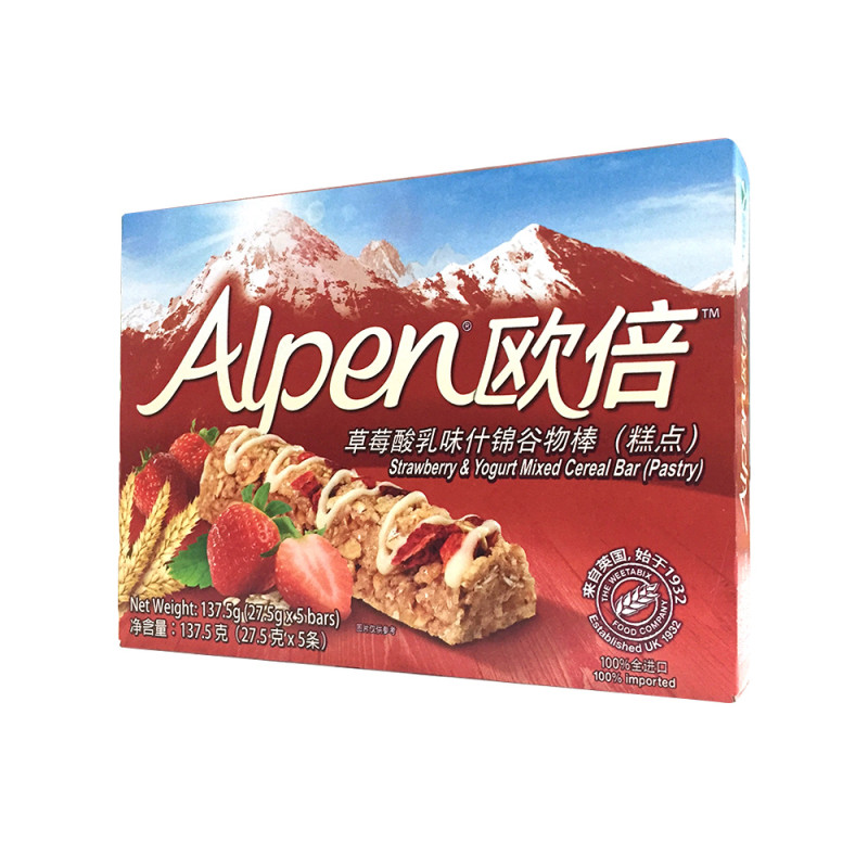 欧倍(Alpen)草莓酸乳味什锦谷物棒(糕点)5条装(137.5克)