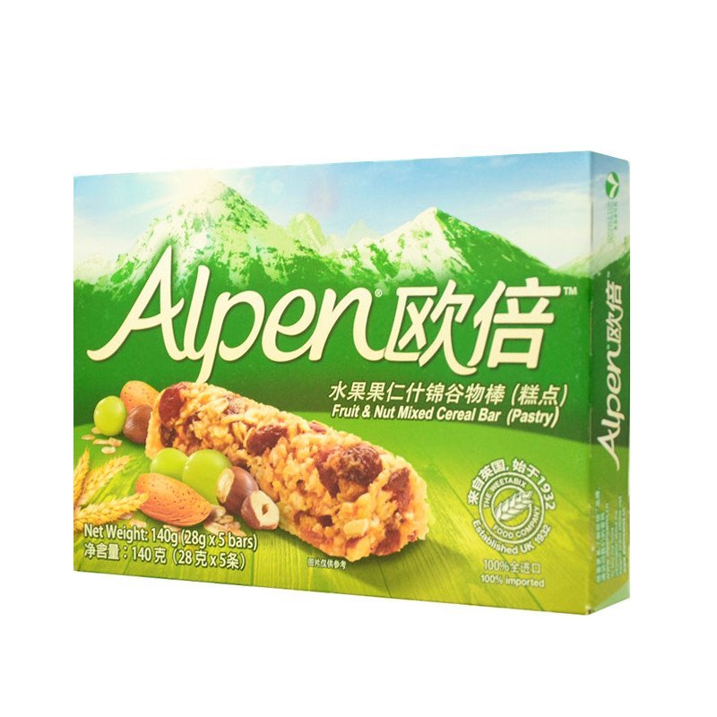 欧倍(Alpen)水果+果仁什锦谷物棒(糕点)5条装(140克)