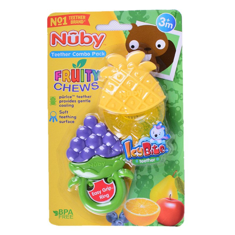 美国nuby/努比 宝宝训练固齿器 冰胶固齿器牙胶水果造型两个组合装菠萝葡萄