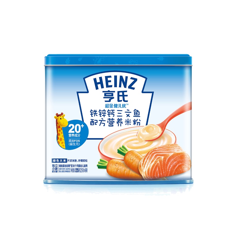 亨氏(Heinz)超金健儿优铁锌钙三文鱼配方营养米粉225g(25g*9袋)适用辅食添加初期以上宝宝辅食婴儿米粉米糊