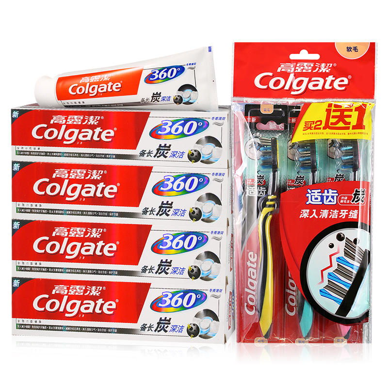 高露洁(Colgate)360含炭牙膏组合装(混合装)(备长炭120g x4 +适齿炭牙刷3支装)