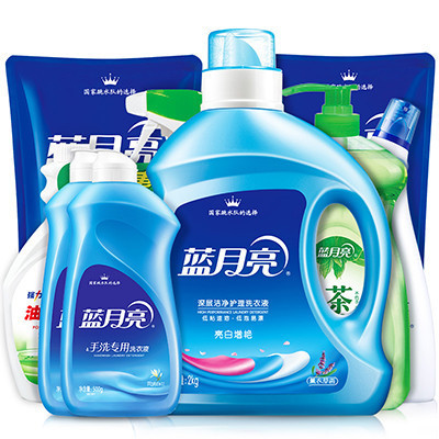 [苏宁超市]蓝月亮 洗衣厨卫精选套装 3瓶+2袋洗衣液+1kg洗洁精+1kg油污净+500g洁厕剂