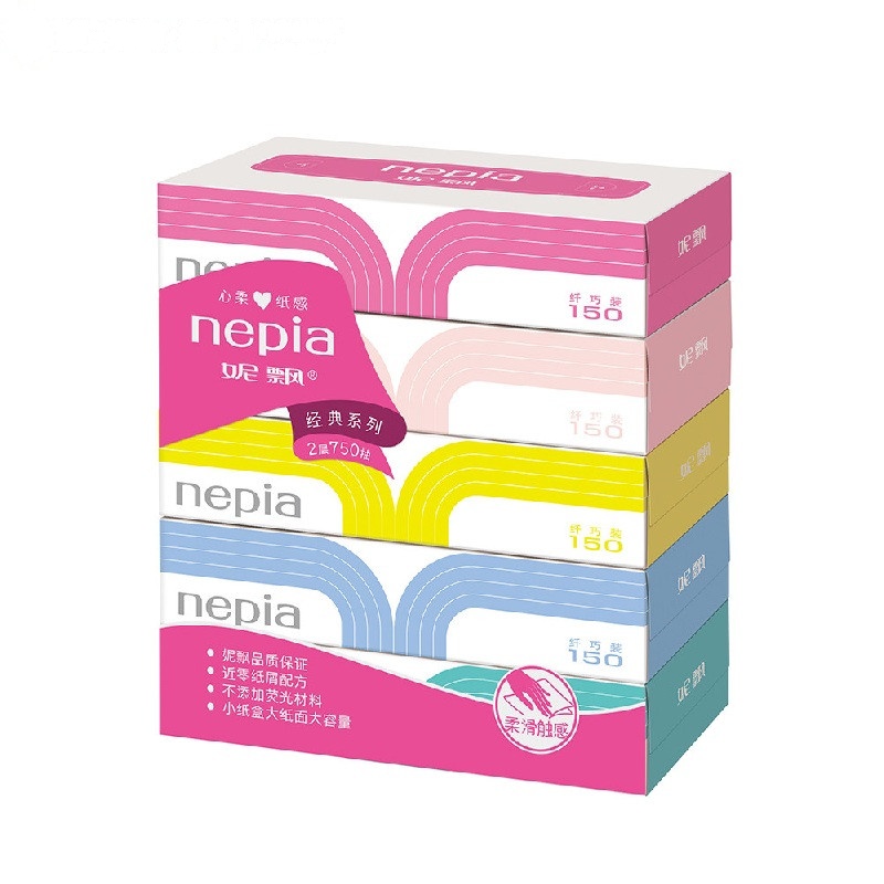 妮飘Nepia 抽纸 原生木浆经典纤巧无香型盒装大规格(长幅)面巾纸2层(二层)*150抽*5盒