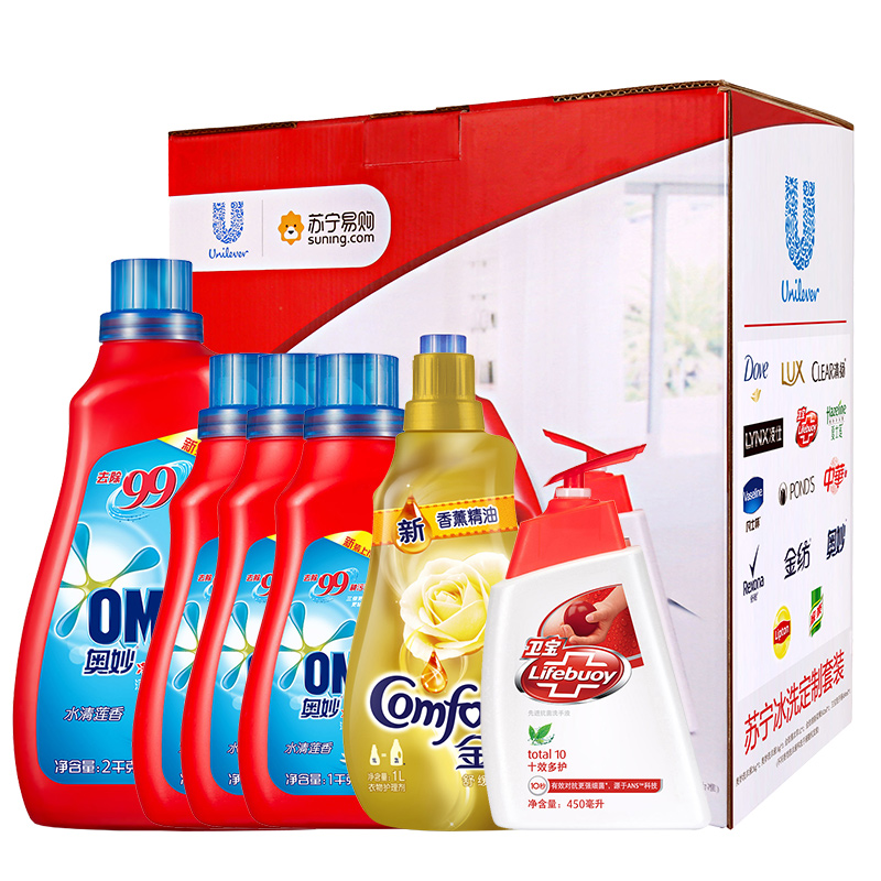 奥妙(OMO)净蓝全效水清莲香洗衣液2KG+1KG*3+金纺新香薰精油1L+卫宝洗手液450ml [联合利华]