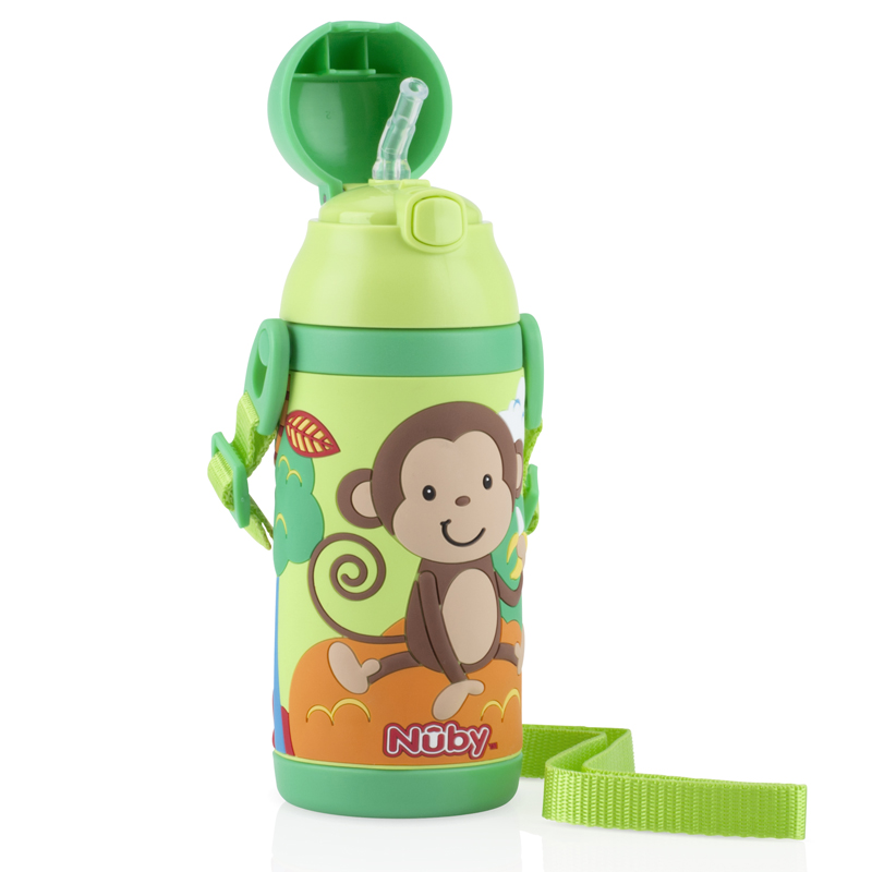 nuby10406385ml轻量钢真空3D按键式握把保温杯(附背带)