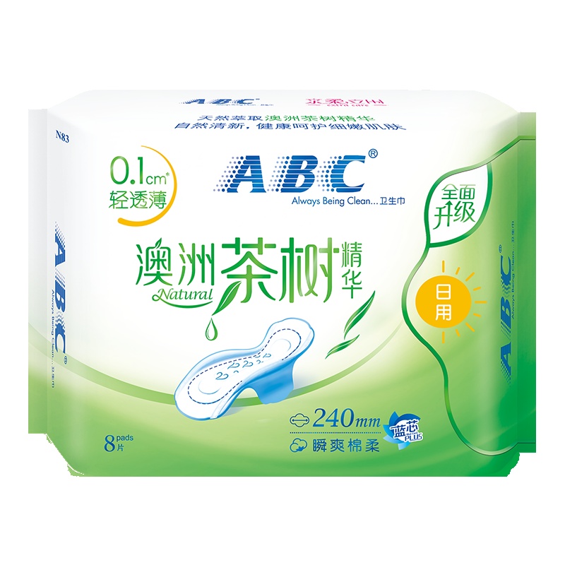 ABC日用卫生巾 轻透薄棉柔240mm*8片 (含澳洲茶树精华) 姨妈巾