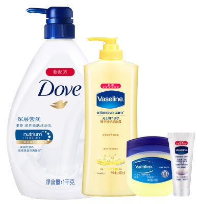 多芬DOVE深层营润沐浴露1KG+凡士林倍护精华修护润肤露400ml+经典修护晶冻100g+润肤露15ml[联合利华]