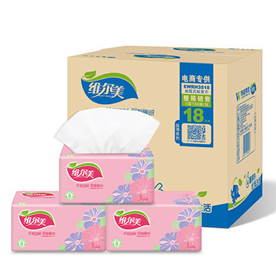 [苏宁超市]维尔美 抽纸 丝滑 3层136抽*18包纸巾 国产小规格 (抽纸整箱)