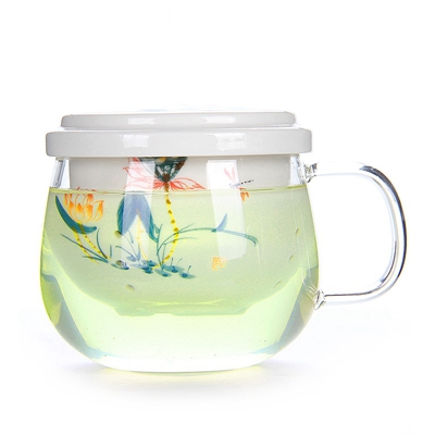 艺宏堂茶具办公杯 艺宏堂玻璃办公杯陶瓷内胆手绘 荷花3件杯