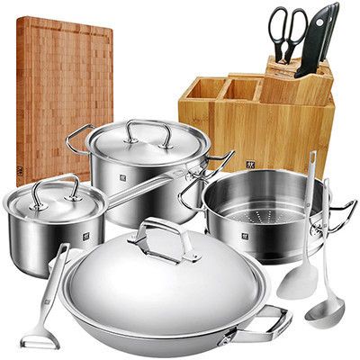 德国双立人锅具套装组合32cm全钢炒锅不锈钢不粘锅刀具精华套装