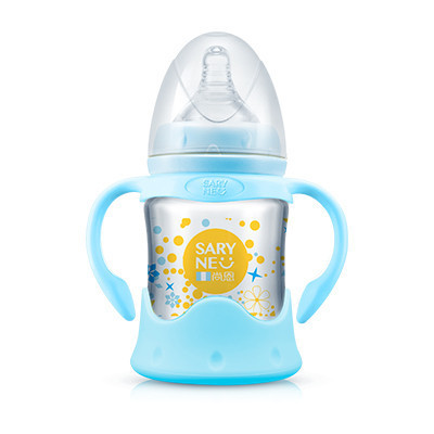 尚恩(saryne)婴儿宽口径 晶钻玻璃带胶套防摔带手柄自动吸奶瓶SN-CF019 粉色125ML