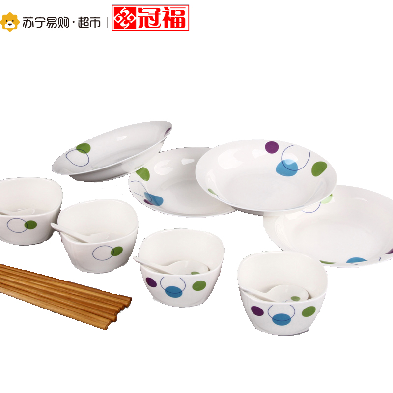 冠福 团圆16头碗碟餐具瓷器创意家用中式饭碗菜盘套装