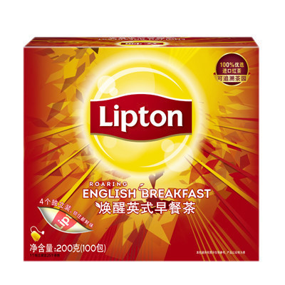 立顿Lipton 红茶 经典焕醒英式早餐茶100包200g 茶叶冲饮袋泡茶包 早餐茶